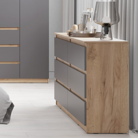 Широкий комод под телевизор 6 ящиков как лофт LOFT wood studio К-17 СИТИ ЛДСП Графит / дуб Крафт золотой