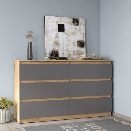 Широкий комод под телевизор 6 ящиков как лофт LOFT wood studio К-17 СИТИ ЛДСП Графит / дуб Крафт золотой