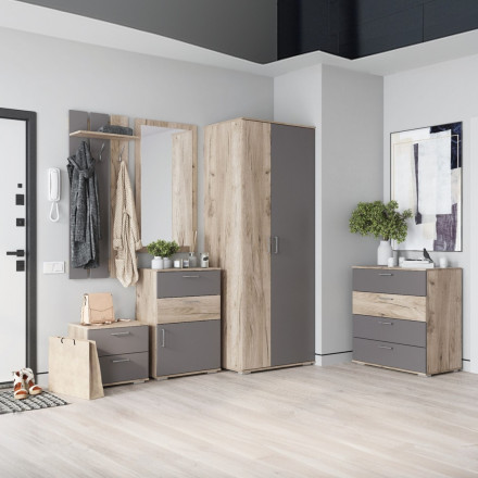 Современная мебель прихожая в коридор со шкафом для одежды, обувницей, зеркалом, вешалкой, банкеткой, тумбой в маленький узкий коридор Модульная ЛАЙТ, дизайн стиля в квартире №7 (графит / крафт серый), купить недорого в фирменном салоне магазине «Моя Мебель», всего за 57 240 руб.