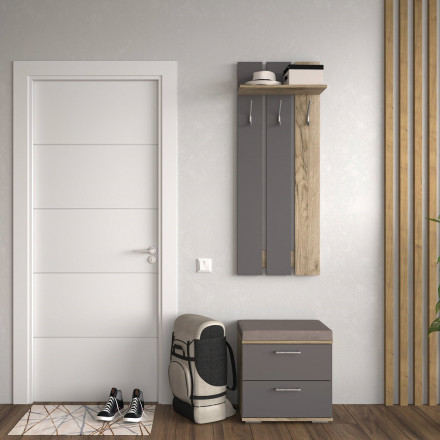 Современная мебель прихожая в коридор с вешалкой, банкеткой, тумбой в маленький узкий коридор Модульная ЛАЙТ, дизайн стиля в квартире №2 (графит / крафт серый), купить недорого в фирменном салоне магазине «Моя Мебель», всего за 11 690 руб.