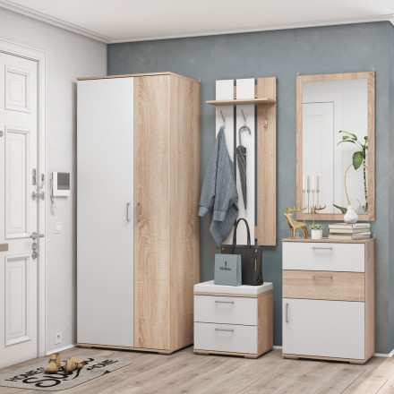 Современная мебель прихожая в коридор со шкафом для одежды, обувницей, зеркалом, вешалкой, банкеткой, тумбой в маленький узкий коридор Модульная ЛАЙТ, дизайн стиля в квартире №7 (сонома / белый), купить недорого в фирменном салоне магазине «Моя Мебель», всего за 44 140 руб.