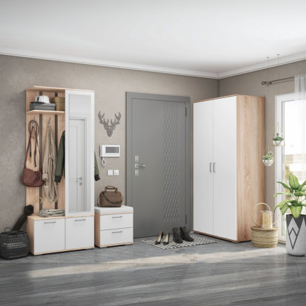 Современная мебель прихожая в коридор со шкафом для одежды, обувницей, зеркалом, вешалкой, банкеткой, тумбой в маленький узкий коридор Модульная ЛАЙТ, дизайн стиля в квартире №6 (сонома / белый), купить недорого в фирменном салоне магазине «Моя Мебель», всего за 42 470 руб.
