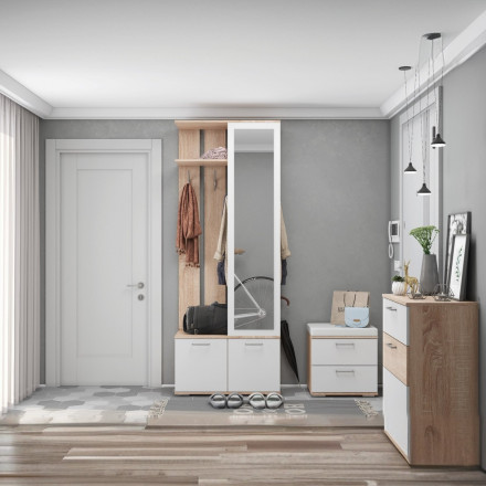 Современная мебель прихожая в коридор с обувницей, зеркалом, вешалкой, банкеткой, тумбой в маленький узкий коридор Модульная ЛАЙТ, дизайн стиля в квартире №4 (сонома / белый), купить недорого в фирменном салоне магазине «Моя Мебель», всего за 29 140 руб.