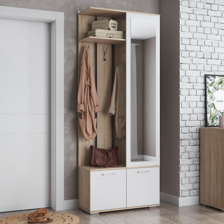 Современная мебель прихожая в коридор с зеркалом, вешалкой, банкеткой, тумбой в маленький узкий коридор Модульная ЛАЙТ, дизайн стиля в квартире №3 (сонома / белый), купить недорого в фирменном салоне магазине «Моя Мебель», всего за 27 020 руб.