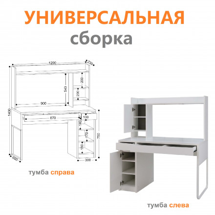 Белый письменный компьютерный стол для школьника с ящиками, полками и тумбой аналог ИКЕА МИККЕ (IKEA MICKE)