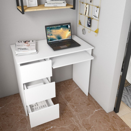 Современная мебель белый письменный стол с ящиками для школьника с полкой и тумбой аналог ИКЕА ЭЙЛЕР (IKEA EJLER) МС-6 левый (МП/3) МС мори, купить недорого в фирменном салоне магазине «Моя Мебель», всего за 7 200 руб.