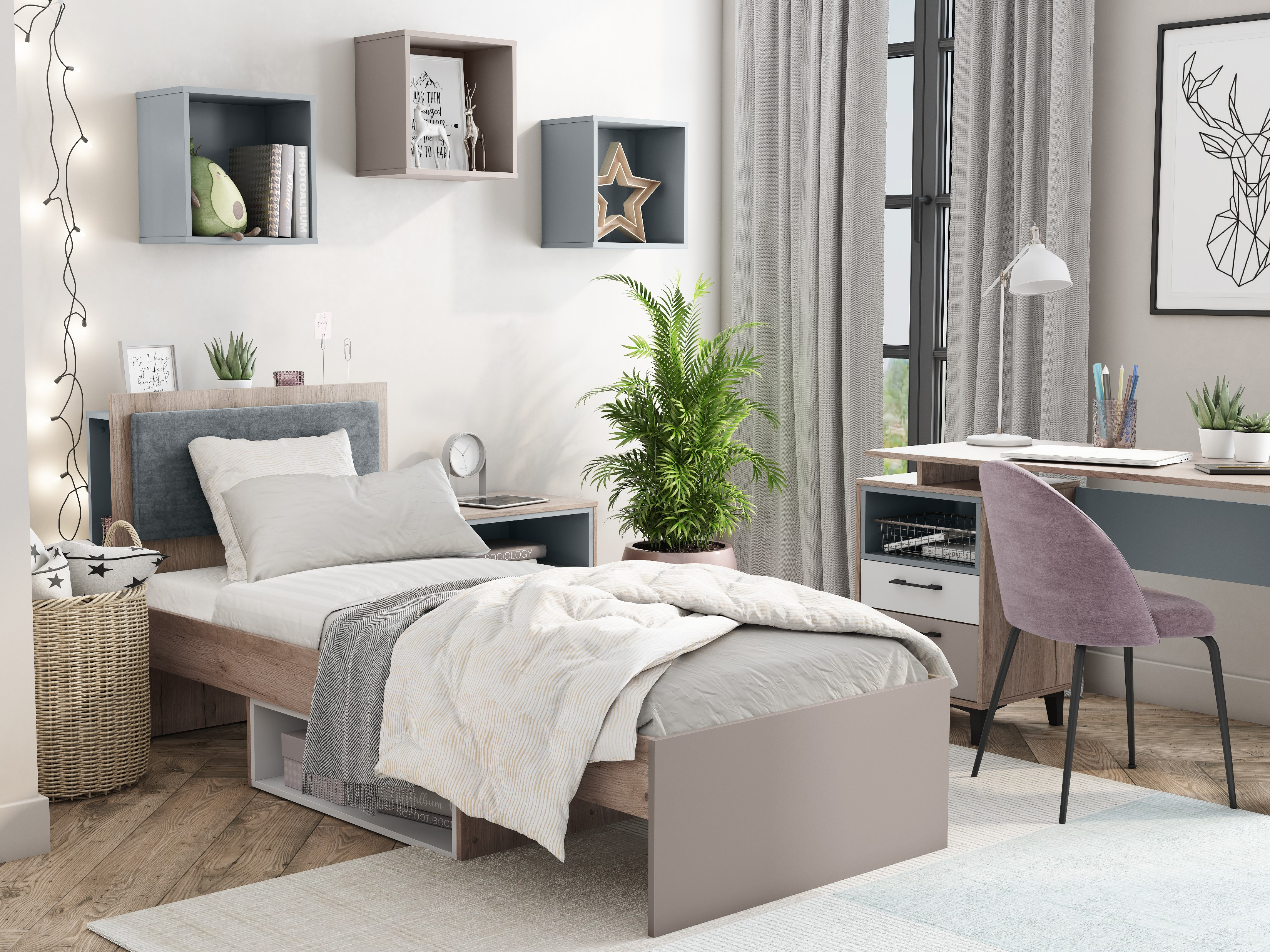 Каталог детской мебели для школьника 'КРАФТ'. Вид сбоку на кровать и стол под окном.