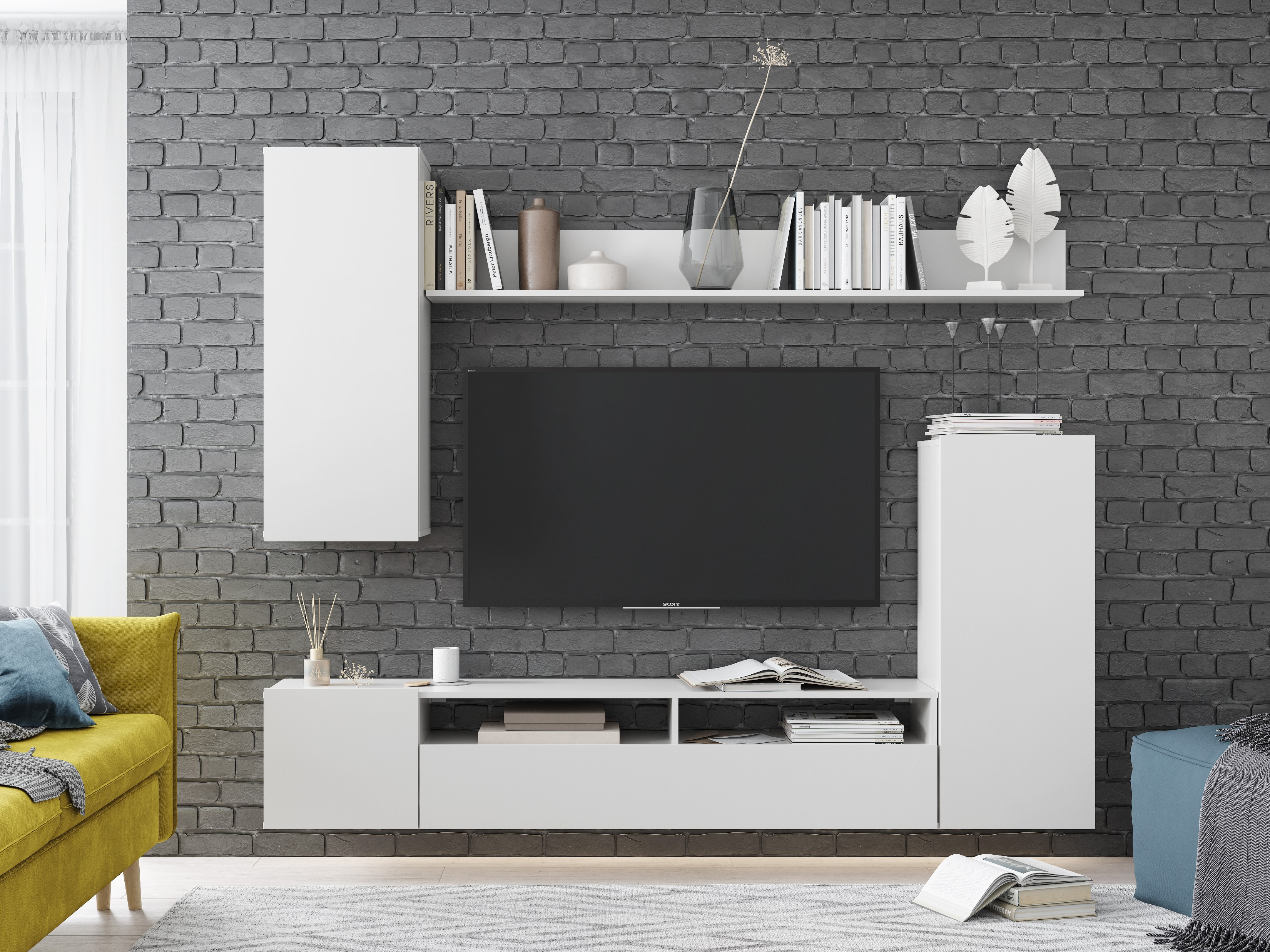 Современная белая навесная модульная гостиная 'Денвер' #1 в интерьере фирменного салона-магазина 'Моя Мебель' на сайте m-m-mebel.ru