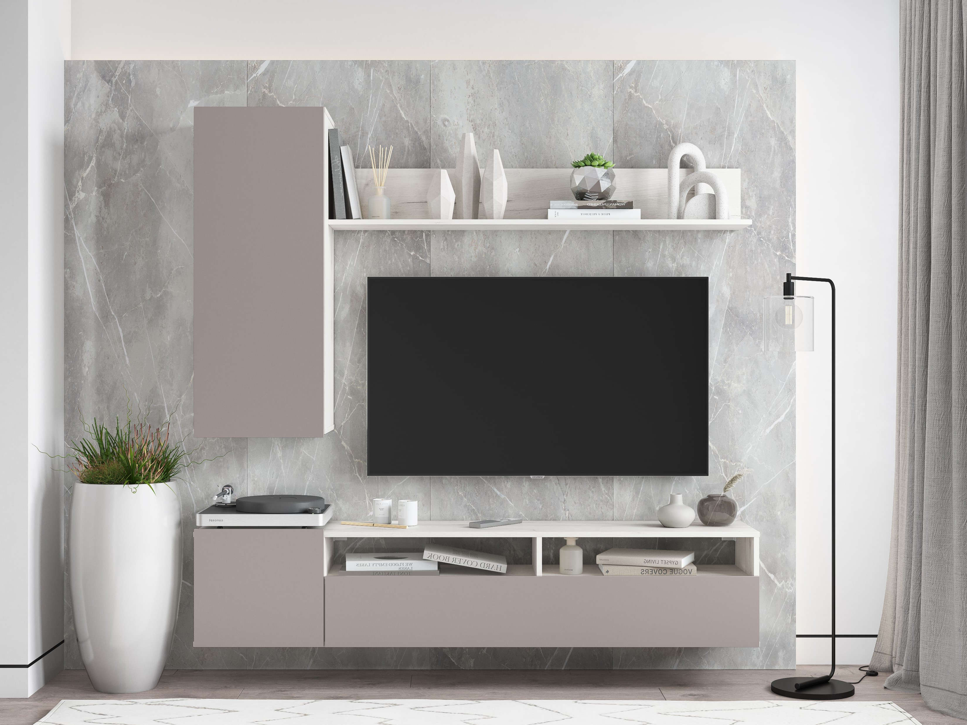 Современная навесная модульная стенка в гостиную 'Денвер' №7, цвет: глиняный серый / крафт белый в интерьере фирменного салона-магазина 'Моя Мебель' на сайте m-m-mebel.ru