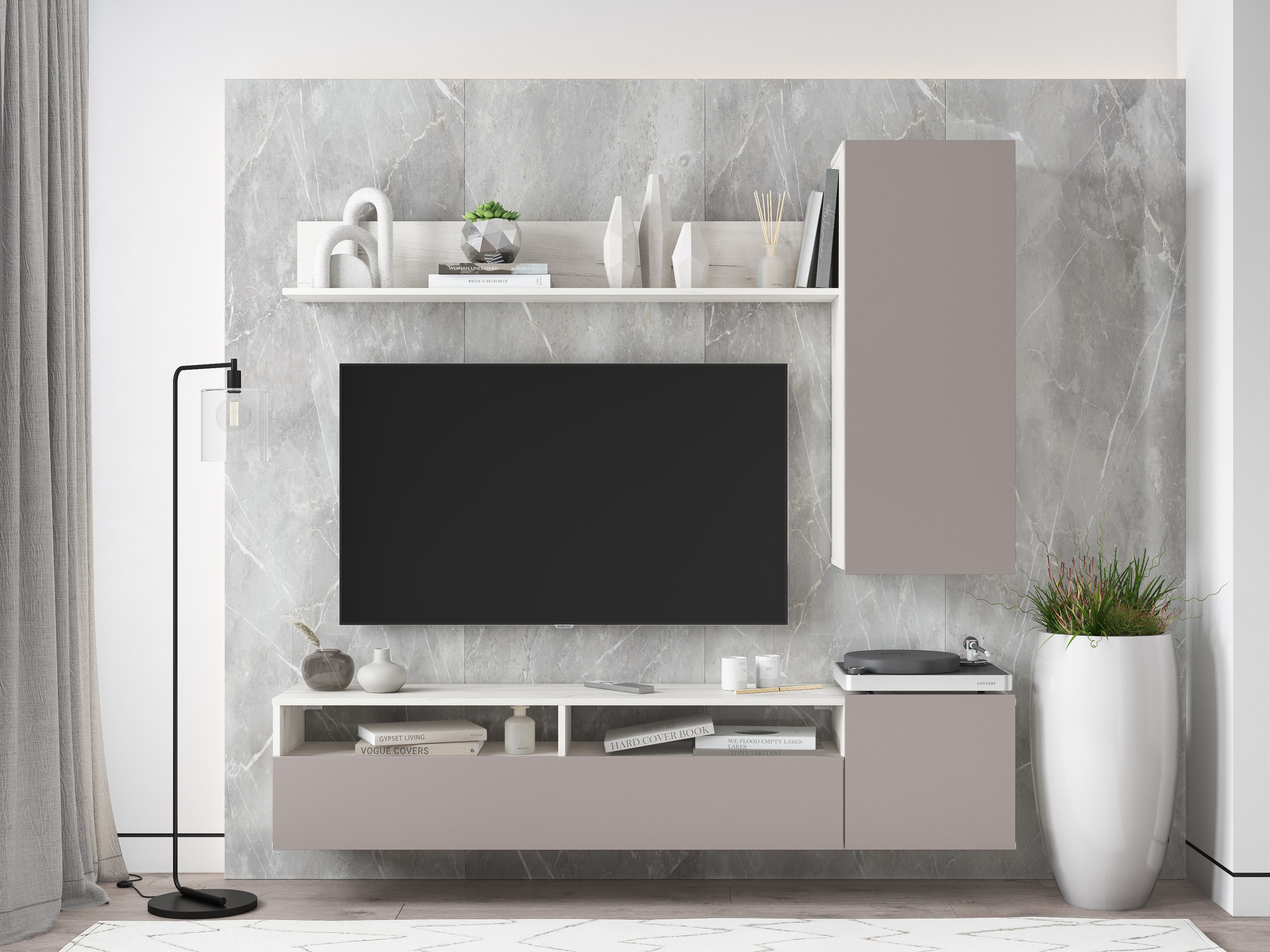 Современная навесная модульная стенка в гостиную 'Денвер' №10, цвет: глиняный серый / крафт белый в интерьере фирменного салона-магазина 'Моя Мебель' на сайте m-m-mebel.ru